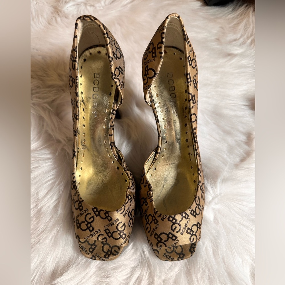 BCBGirls BCBG Logo Brown Gold Satin Open Toe Platform Heels Size 7.5